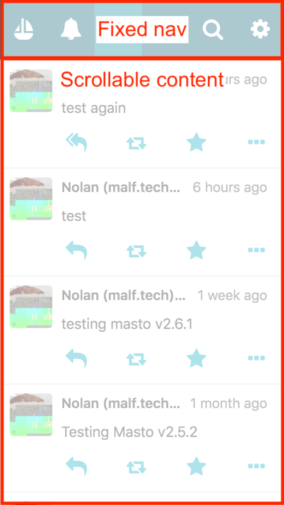 Screenshot of Pinafore UI showing a top nav with a scrollable content below