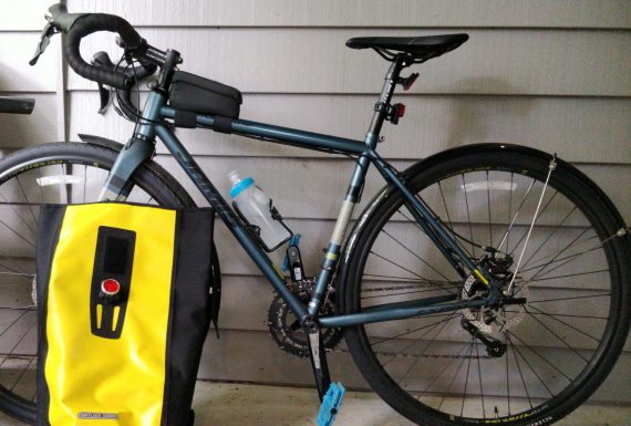 Photo of my bike and yellow backpack