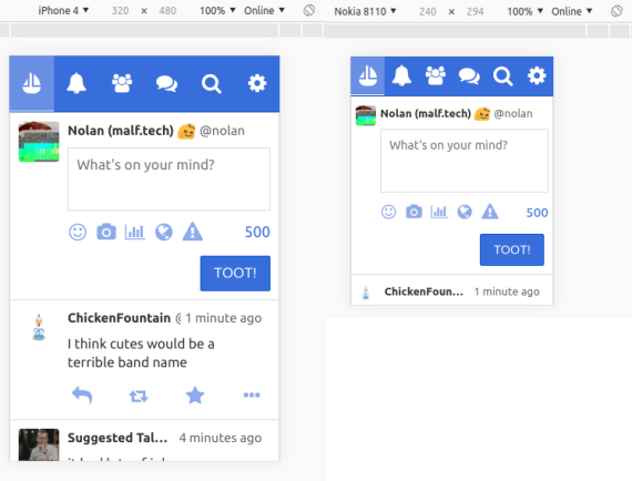 Screenshot comparing Pinafore on an iPhone 4 versus a smaller Nokia 8110 4G