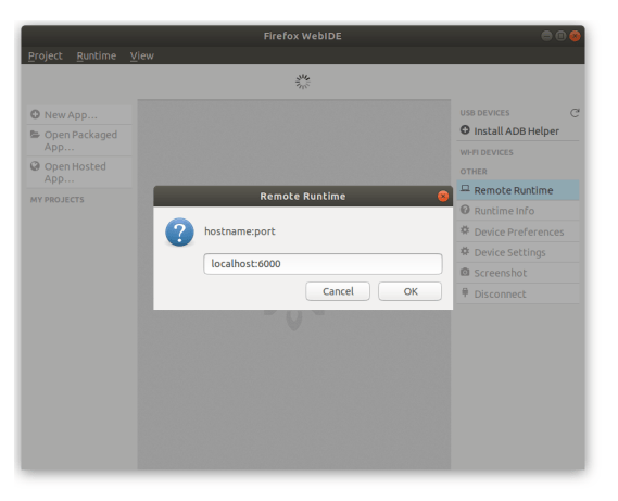 Screenshot of Firefox WebIDE with Remote Runtime selected and localhost:6000 entered