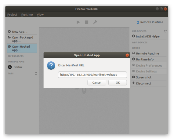 Screenshot of WebIDE showing a local manifest URL entered into the Hosted App popup