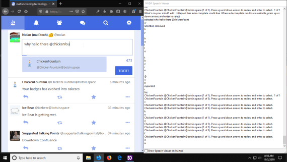 Screenshot of Speech Viewer in NVDA on Firefox showing lines of text representing what's spoken