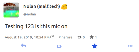 Screenshot of a Mastodon post in Pinafore with the favorite (star) button pressed and the boost button unpressed