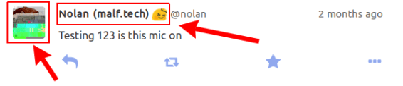 Screenshot showing a Mastodon post with red rectangles around the user avatar and the user name