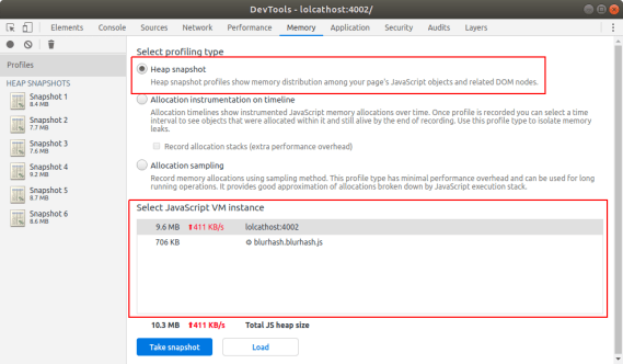 Screenshot of the Chrome DevTools Memory tab with the Heap Snapshot tool