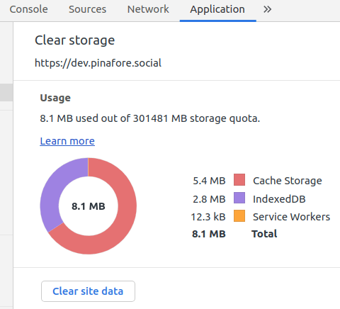 Screenshot of Chrome DevTools Application tab under "Clear Storage" which a pie chart showing megabytes taken up in Cache Storage as well as IndexedDB, and a button saying "Clear Storage"