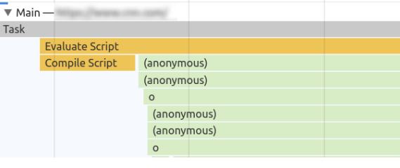 Screenshot from Chrome DevTools showing main thread with Compilation followed by execution of some JavaScript anonymous call stacks
