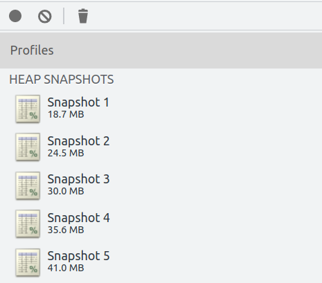 Screenshot of the Chrome DevTools memory heapsnapshots list, showing memory starting at 18.7MB and increasing by roughly 6MB every iteration until reaching 41 MB on iteration 5