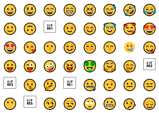 Screenshot of a grid of emoji smileys where some emoji are empty boxes with text inside