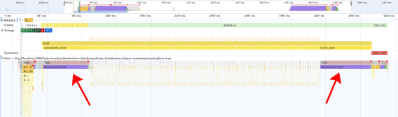 Chrome DevTools screenshot showing large purple style blocks at the beginning and end and little JavaScript slices in the middle