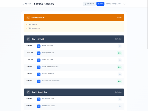 Screenshot of a travel itinerary app with a basic UI that looks like a lot of other CRUD apps, with a list of itinerary agenda items, dates and costs, etc.